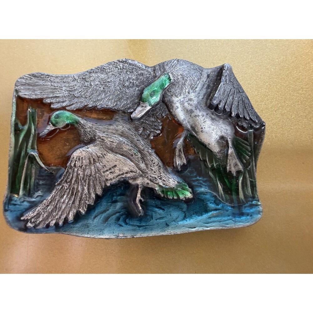 Vintage 1977 Bergamot Brass Works Mallard Ducks Frozn Color Enamel Belt Buckle